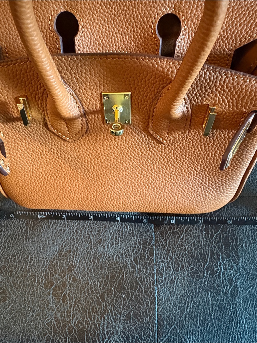 **Women's Tan Pebbled Leather Satchel with Top Handles and Crossbody Strap - Picture 8 of 12